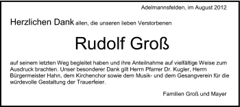 Traueranzeige von Rudolf Groß von Schwäbische Post