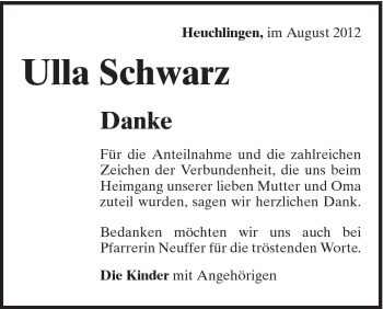 Traueranzeige von Ulla Schwarz von Gmünder Tagespost