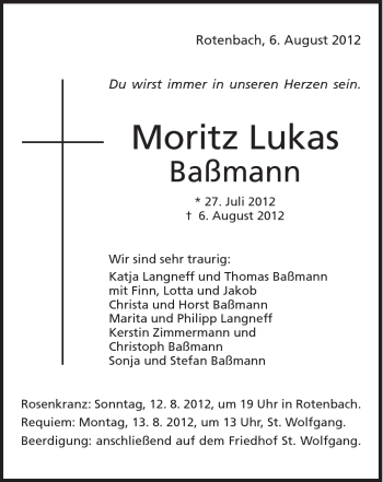 Traueranzeige von Moritz Lukas Baßmann von Schwäbische Post