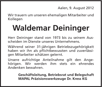 Traueranzeige von Waldemar Deininger von Schwäbische Post