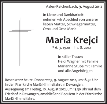 Traueranzeige von Maria Krejci von Schwäbische Post