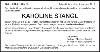Traueranzeige von Karoline Stangl von Schwäbische Post