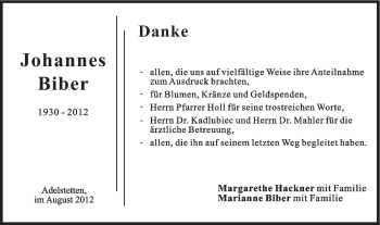 Traueranzeige von Johannes Biber von Gmünder Tagespost