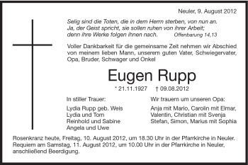 Traueranzeige von Eugen Rupp von Schwäbische Post