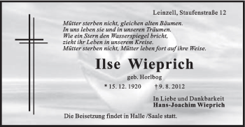 Traueranzeige von Ilse Wieprich von Gmünder Tagespost