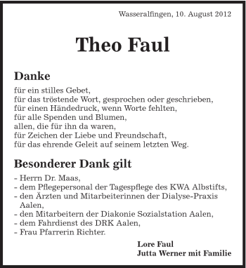 Traueranzeige von Theo Faul von Schwäbische Post