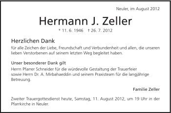 Traueranzeige von Hermann Zeller von Schwäbische Post