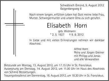 Traueranzeige von Elisabeth Horn von Gmünder Tagespost