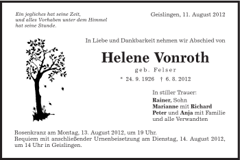 Traueranzeige von Helene Vonroth von Schwäbische Post