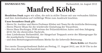 Traueranzeige von Manfred Köble von Schwäbische Post