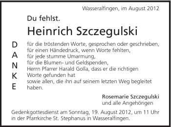 Traueranzeige von Heinrich Szczegulski von Schwäbische Post