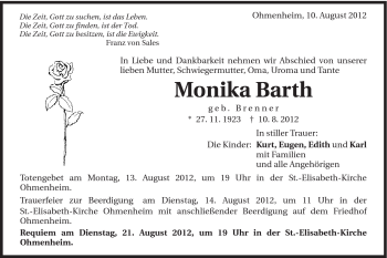 Traueranzeige von Monika Barth von Schwäbische Post