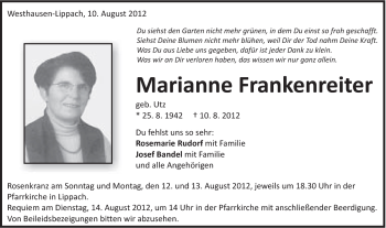 Traueranzeige von Marianne Frankenreiter von Schwäbische Post