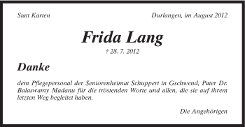 Traueranzeige von Frida Lang von Gmünder Tagespost