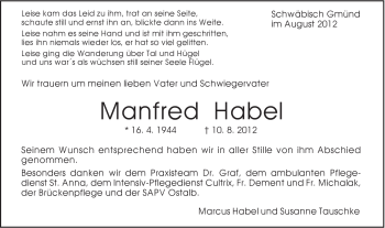 Traueranzeige von Manfred Habel von Gmünder Tagespost