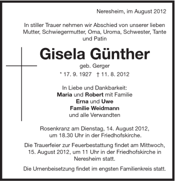 Traueranzeige von Gisela Günther von Schwäbische Post