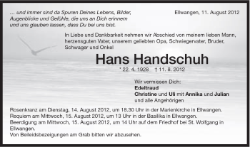 Traueranzeige von Hans Handschuh von Schwäbische Post