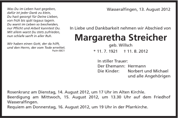 Traueranzeige von Margaretha Streicher von Schwäbische Post