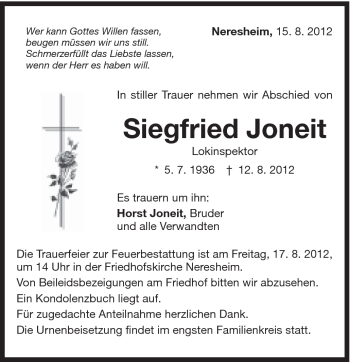 Traueranzeige von Siegfried Joneit von Schwäbische Post