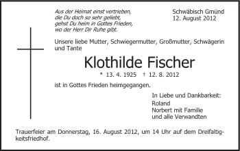 Traueranzeige von Klothilde Fischer von Gmünder Tagespost