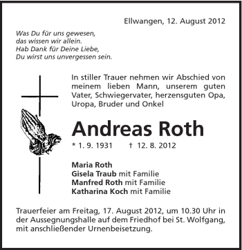 Traueranzeige von Andreas Roth von Schwäbische Post