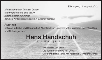Traueranzeige von Hans Handschuh von Schwäbische Post