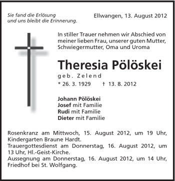 Traueranzeige von Theresia Pölöskei von Schwäbische Post