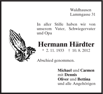 Traueranzeige von Hermann Härdter von Gmünder Tagespost