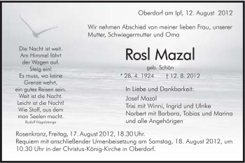 Traueranzeige von Rosl Mazal von Schwäbische Post