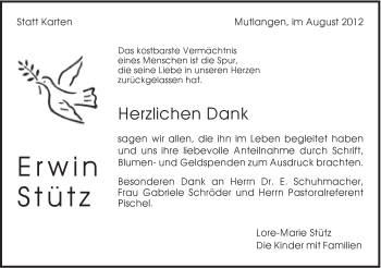 Traueranzeige von Erwin Stütz von Gmünder Tagespost