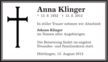 Traueranzeige von Anna Klinger von Schwäbische Post