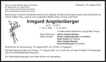 Traueranzeige von Irmgard Angstenberger von Schwäbische Post