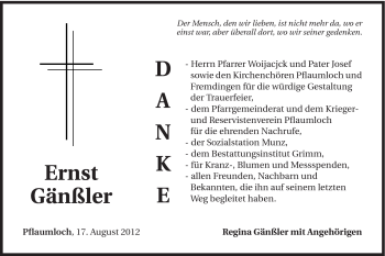 Traueranzeige von Ernst Gänßler von Schwäbische Post