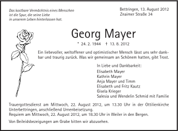 Traueranzeige von Georg Mayer von Gmünder Tagespost
