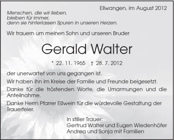 Traueranzeige von Gerald Walter von Schwäbische Post