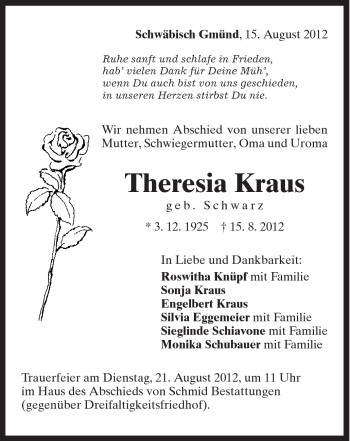 Traueranzeige von Theresia Kraus von Gmünder Tagespost