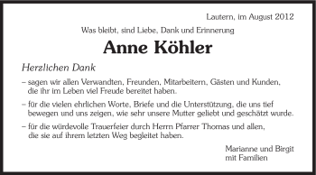 Traueranzeige von Anne Köhler von Gmünder Tagespost