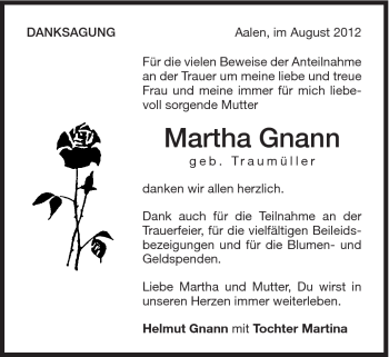 Traueranzeige von Martha Gnann von Schwäbische Post