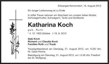 Traueranzeige von Katharina Koch von Schwäbische Post