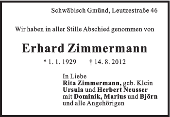 Traueranzeige von Erhard Zimmermann von Gmünder Tagespost