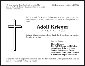 Traueranzeige von Adolf Krieger von Schwäbische Post