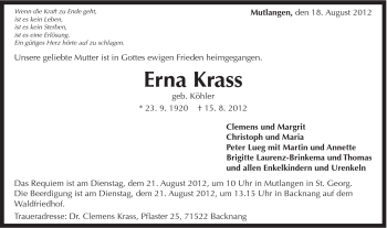 Traueranzeige von Erna Krass von Gmünder Tagespost