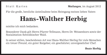Traueranzeige von Hans-Walther Herbig von Gmünder Tagespost
