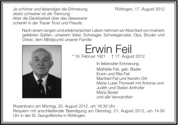 Traueranzeige von Erwin Feil von Schwäbische Post