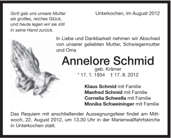 Traueranzeige von Annelore Schmid von Schwäbische Post