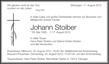 Traueranzeige von Johann Stoiber von Schwäbische Post