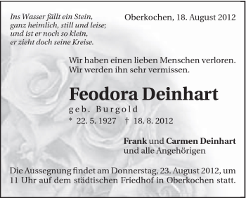 Traueranzeige von Feodora Deinhart von Schwäbische Post