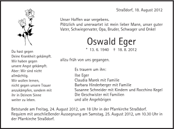 Traueranzeige von Oswald Eger von Gmünder Tagespost