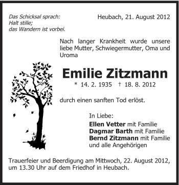 Traueranzeige von Emilie Zitzmann von Gmünder Tagespost