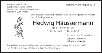 Traueranzeige von Hedwig Häussermann von Schwäbische Post
